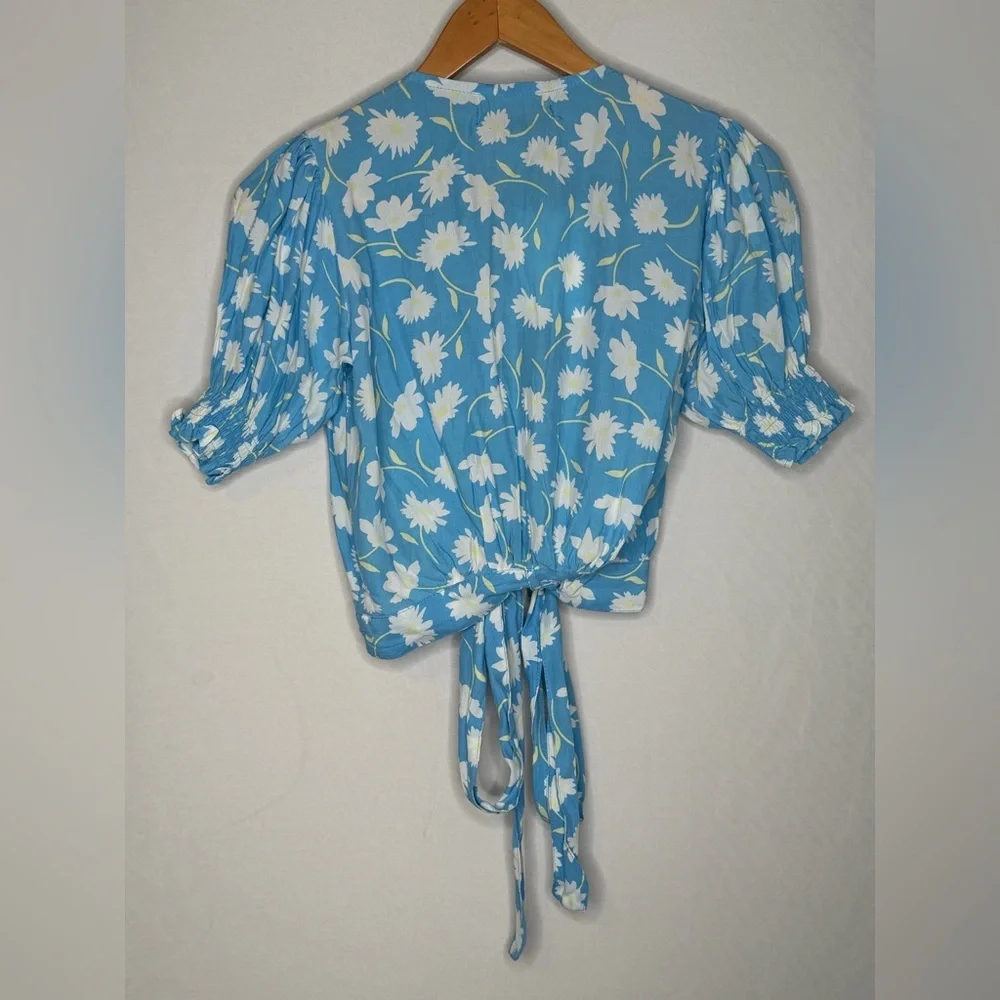 Faithfull the Brand Blue and White Floral Wrap Crop Blouse